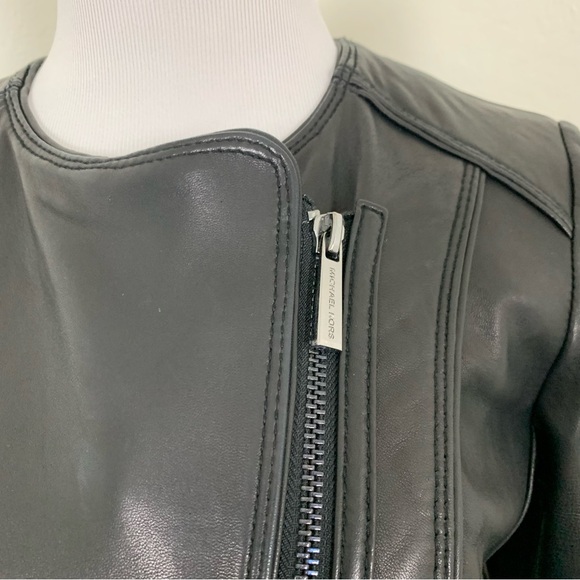 Michael Kors Genuine Leather Asymmetrical Zip Moto Jacket  Womens S Butter Black - Picture 9 of 17